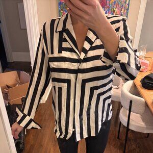 Frame Mixed Stripe Silk PJ Blouse Black Long Sleeve Button Front Size S